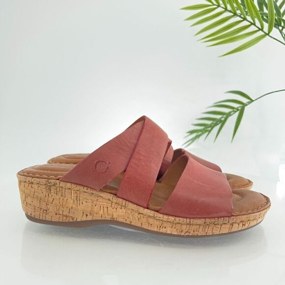 Born Sandals Women's 9 Luna Slide Red Leather Slip On Wedge Casual Open Toe - Picture 16 of 16